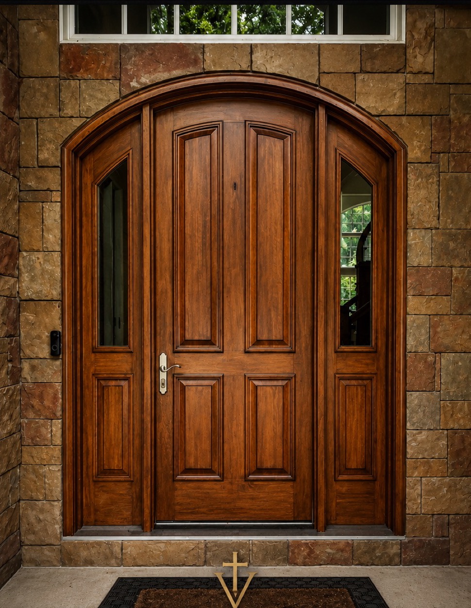 Arched stained front door and sidelights by Spiritus Vitae Painting